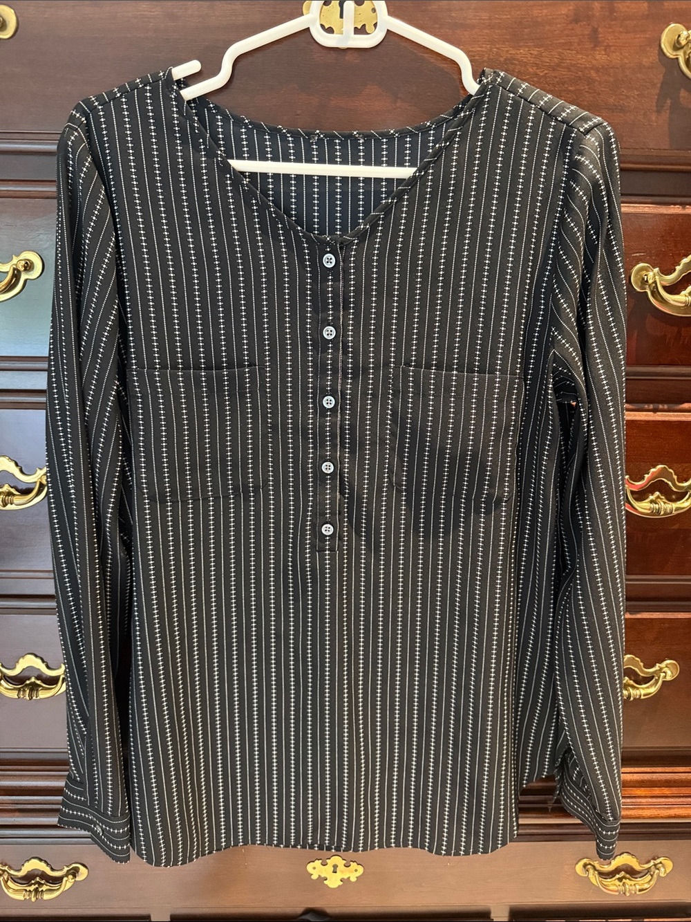 Black Striped Long-Sleeve Button Henley Blouse